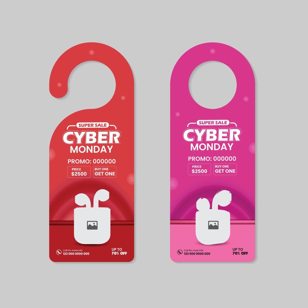 Cyber Monday Earbuds door hanger design or earbuds flash sale level card design template with Two Color Variation Design vector