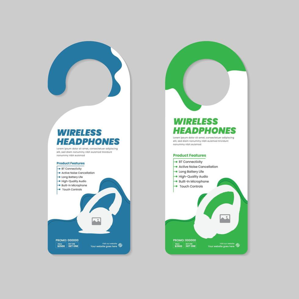 advertisement for wireless headphones that says wireless headphones sale door hanger design with two different color bundles vector