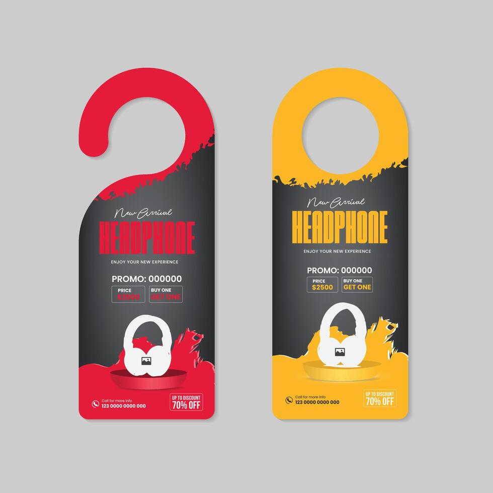 Door hanger designs for music earphones that say wireless headphones are on sale with two different color bundles vector