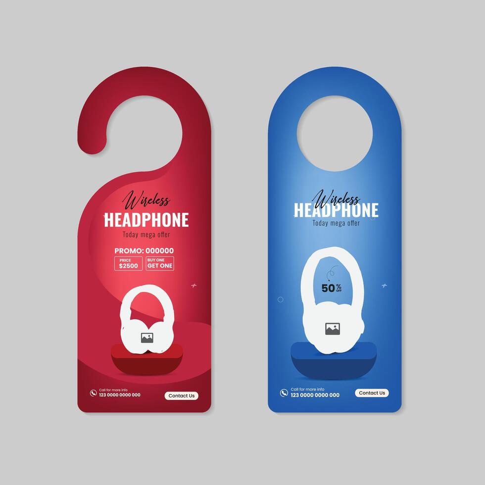 Modern and elegant wireless headphone brand product for door hanger design Template with two different color bundles vector