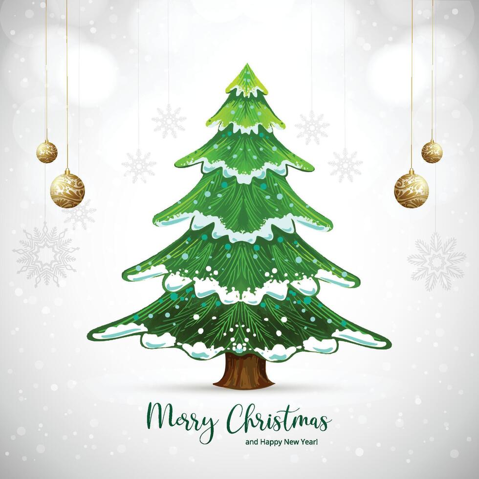 Green decorative christmas tree festival card on white background vector