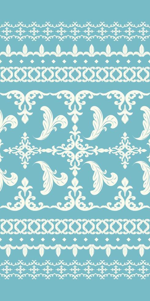 Elegance Fantasy Design on Blue Background with Light Beige Embroidery Pattern. Scroll and Curl Ornament Rich Border Decoration Seamless Pattern. Rim and Stripe fleur de lis Luxury Deco. vector
