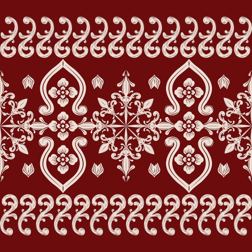 Elegant Traditional Hand Craft Silk evoke a sense of luxury with a classical vintage touch Seamless Pattern . Delicate Rich Florals Petals Bud Decoration Cream Embroidery on Burgundy Background. vector