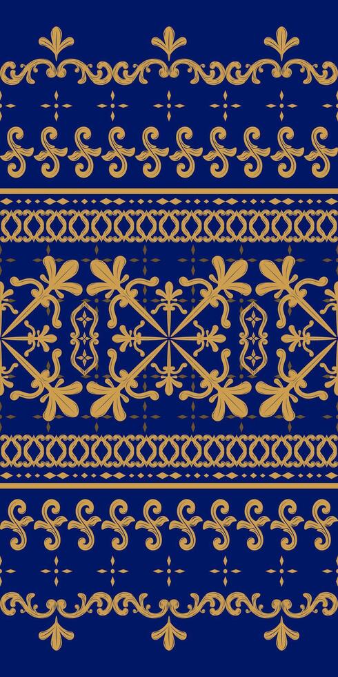 Exquisitely Royal Blues Background Gold Silk Hand Weaves Embroidery Border Seamless Pattern . Haute Couture Fleur de lis Luxury for Opulence Design. Delicate Indonesian Art Hand Craft for Fabric vector