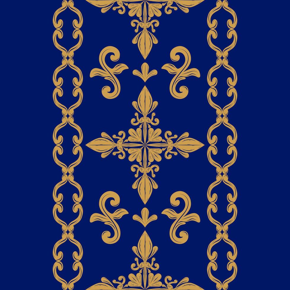Delicate Golden Rich Border On Royal Deep Blue Background. Gold Buds Florals Leaves Scroll Curl Ornament Decoration for Luxury Textiles Work. Opulence Silk Weaves Traditional Style. Expensive Blooms vector