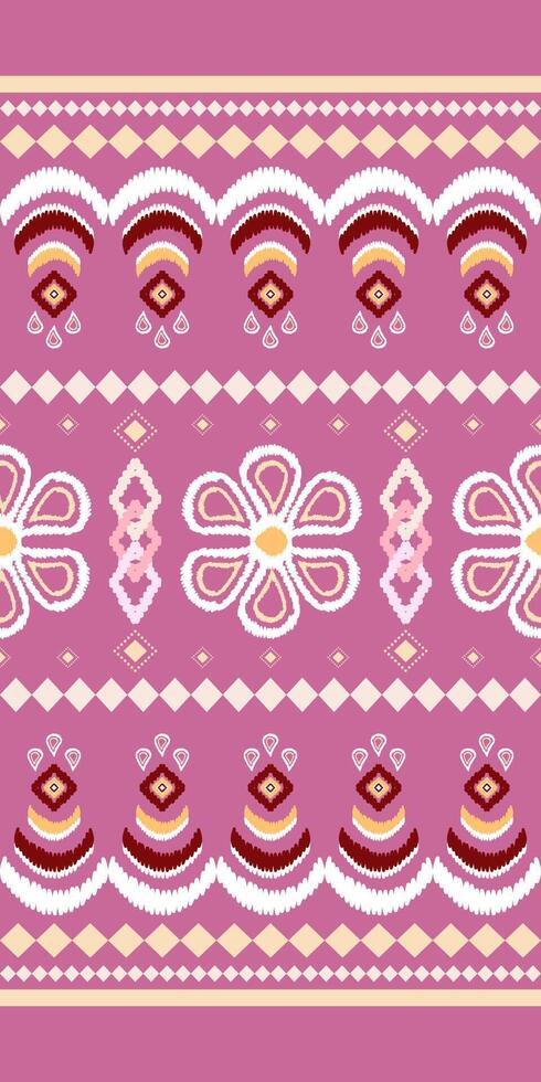 Embroidery Pink Florals Ethnic Feathers and Geometric Combine. Doodle Pink Colorful ikat Beach Decoration. Textile Border Pattern with Sweet Tribal Art vector