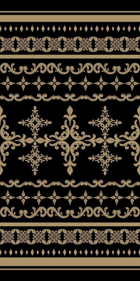 Detailed in Gold Exquisitely Ages Pattern. Golden Rich Embroidery on Black Background. Elaborate Opulence Border with Scroll Ornament. Traditional Western Seamless for Luxury Elegance Design vector