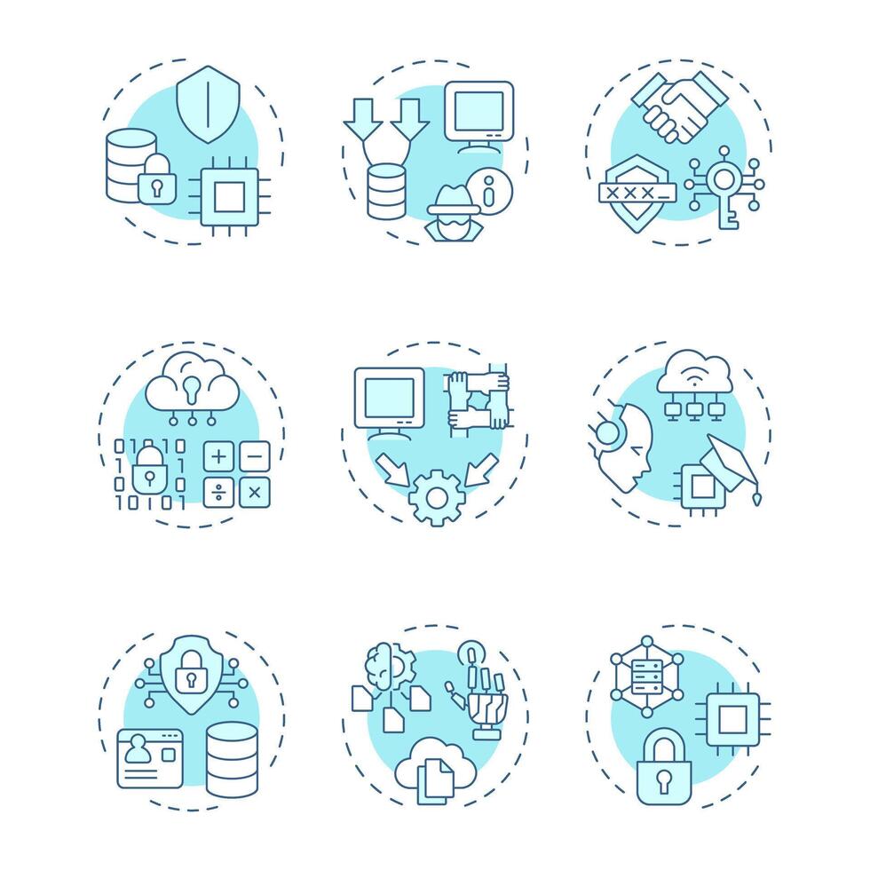 Privacy enhancing technologies soft blue concept icons. Data protection. Security, data encryption and computation. Icon pack. Round shape illustrations. Abstract idea vector