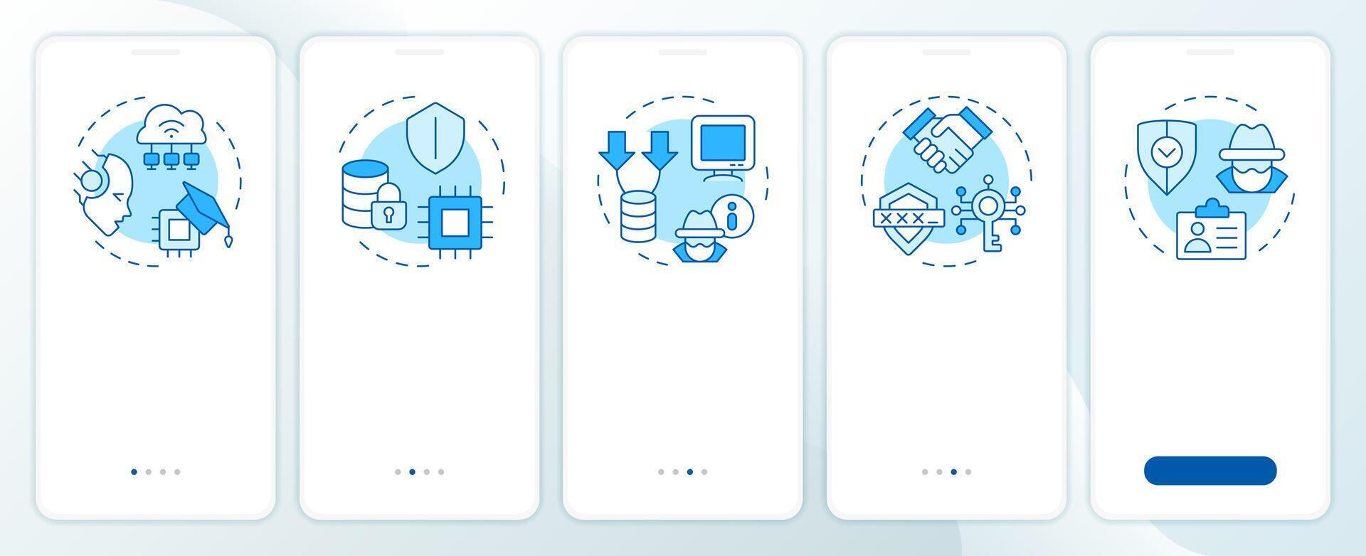 Privacy-enhancing technologies types blue onboarding mobile app screen. Walkthrough 5 steps editable instructions with linear concepts. UI, UX, GUI template vector
