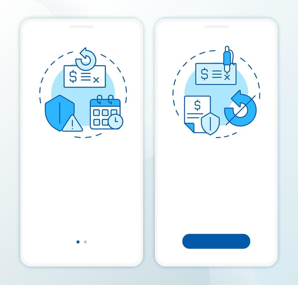Recourse, nonrecourse factoring blue onboarding mobile app screen. Walkthrough 2 steps editable graphic instructions with linear concepts. UI, UX, GUI template vector
