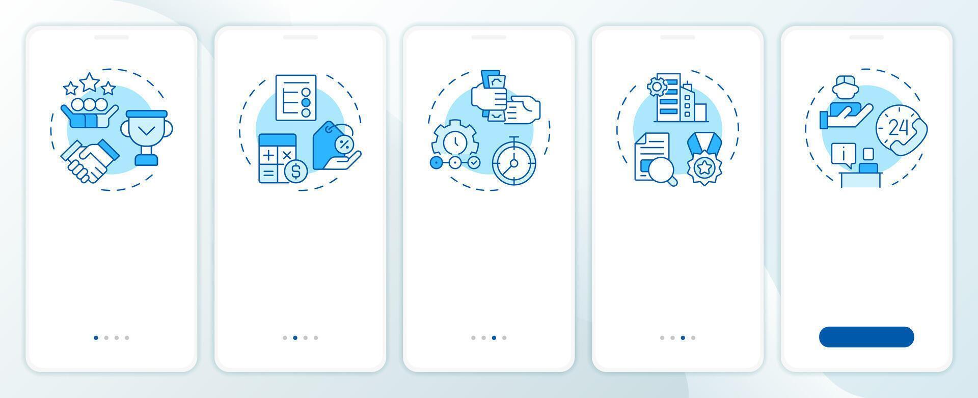 Choosing factoring company blue onboarding mobile app screen. Walkthrough 5 steps editable graphic instructions with linear concepts. UI, UX, GUI template vector