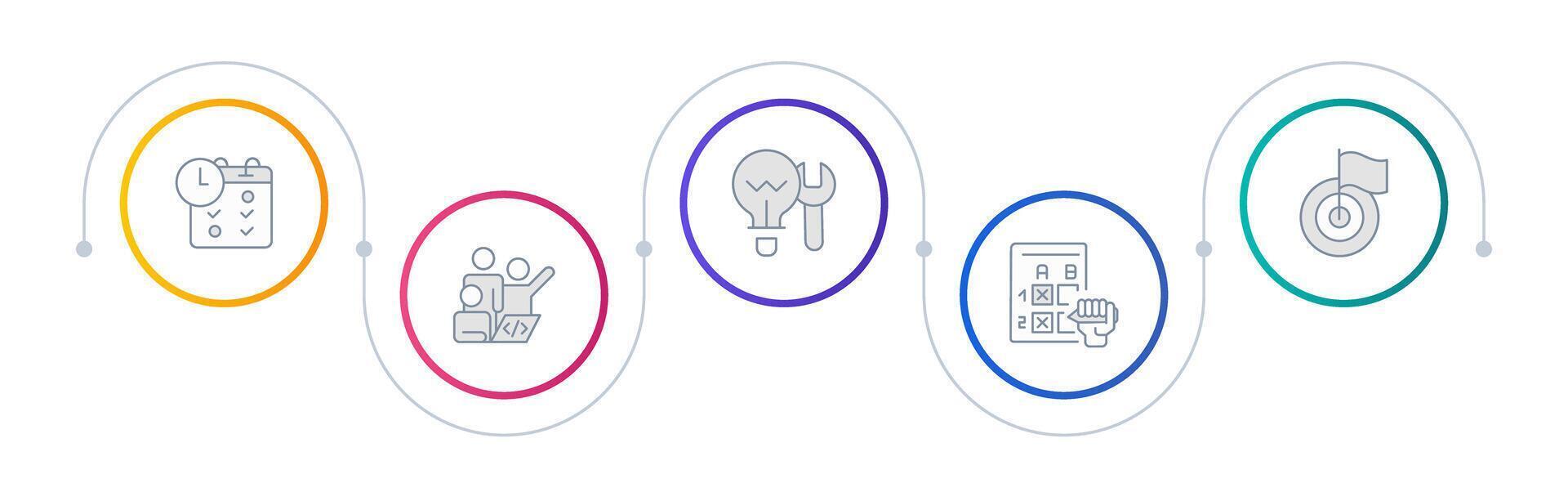 Competition organization infographic circles. Event management, testing. Ceremony, kickoff. Editable thin line icons diagram process with 5 steps vector