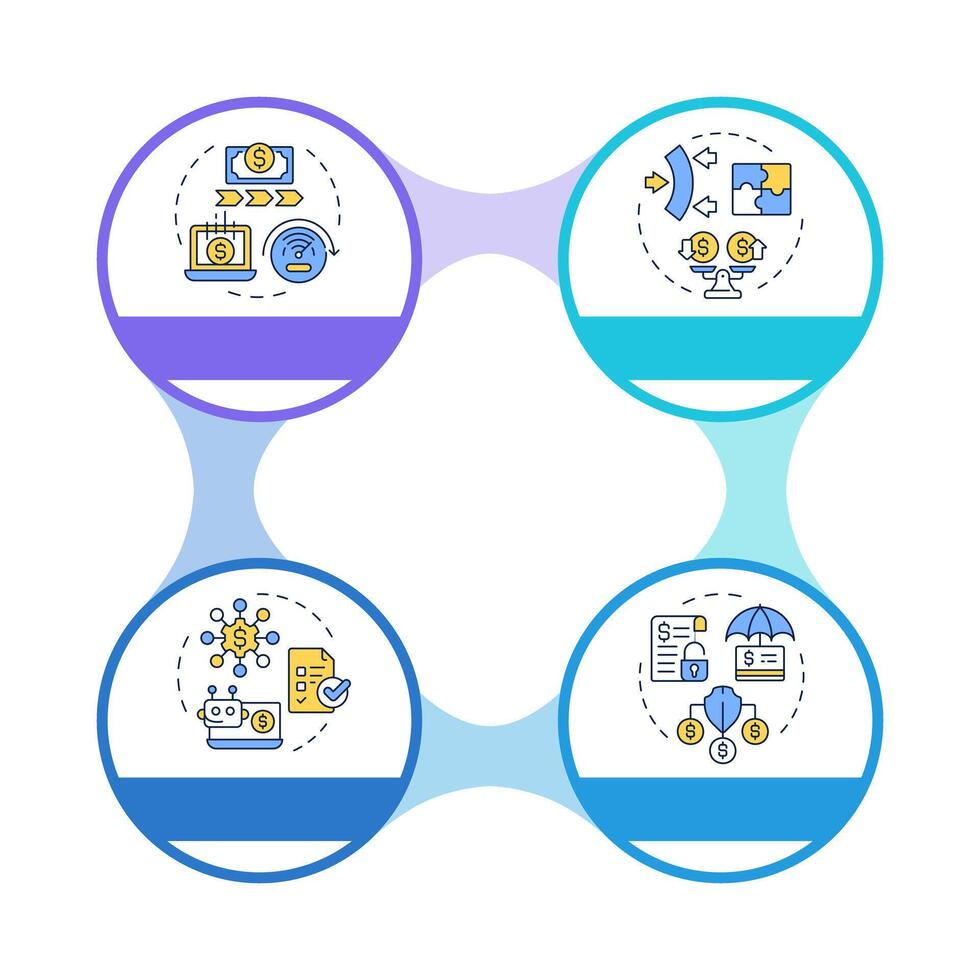 Debt restructuring infographic circles flowchart. Improve liquidity. Adaptable funding solutions. Visualization diagram with 4 steps. Circular info graphic editable vector
