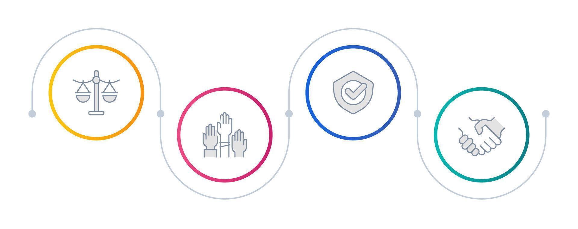 Law principles infographic circles. Order equality, fairness. Judiciary ethics, litigation. Editable thin line icons diagram process with 4 steps vector