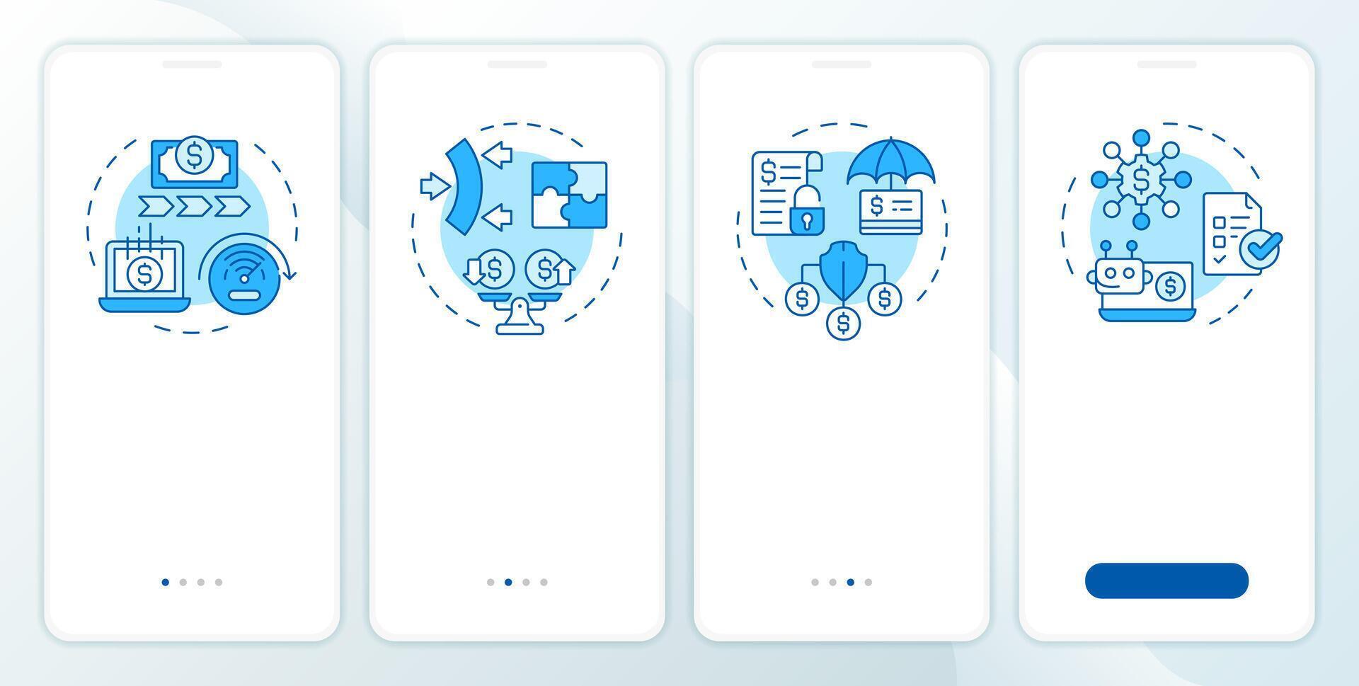 Benefits of factoring blue onboarding mobile app screen. Walkthrough 4 steps editable graphic instructions with linear concepts. UI, UX, GUI template vector