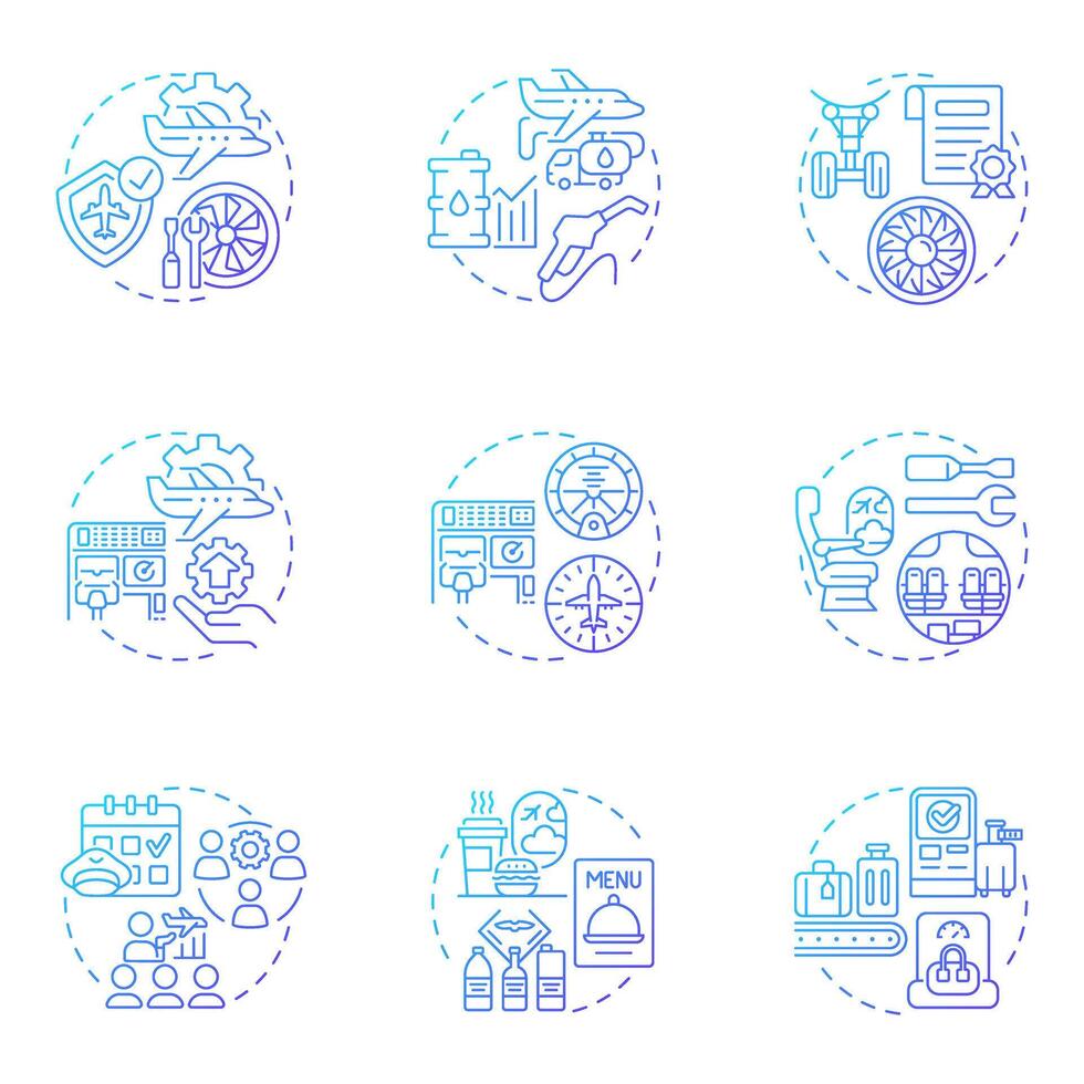 Aviation services blue gradient concept icons. Airline management, avionics. Crew training, certification. Icon pack. Round shape illustrations for infographic. Abstract idea vector
