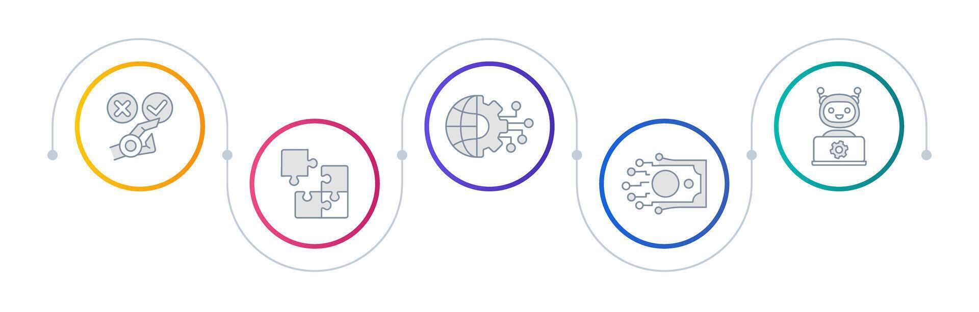 Artificial intelligence usability infographic circles. Decision making, industry technology. Editable thin line icons diagram process with 5 steps vector