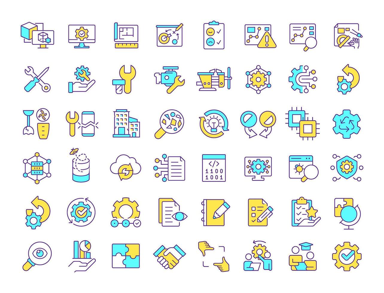 Reverse engineering RGB color icons set. Various tools, processes associated with reengineering and analysis. Isolated illustrations. Simple filled line drawings collection. Editable stroke vector