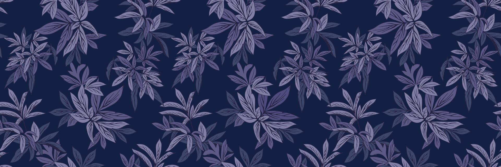 Seamless botanical pattern stylized tropical leaves on dark navy background. Beautiful branches leaves print. Ideal for fabrics, stationery, and home decor, evoking a calm and elegant atmosphere. vector