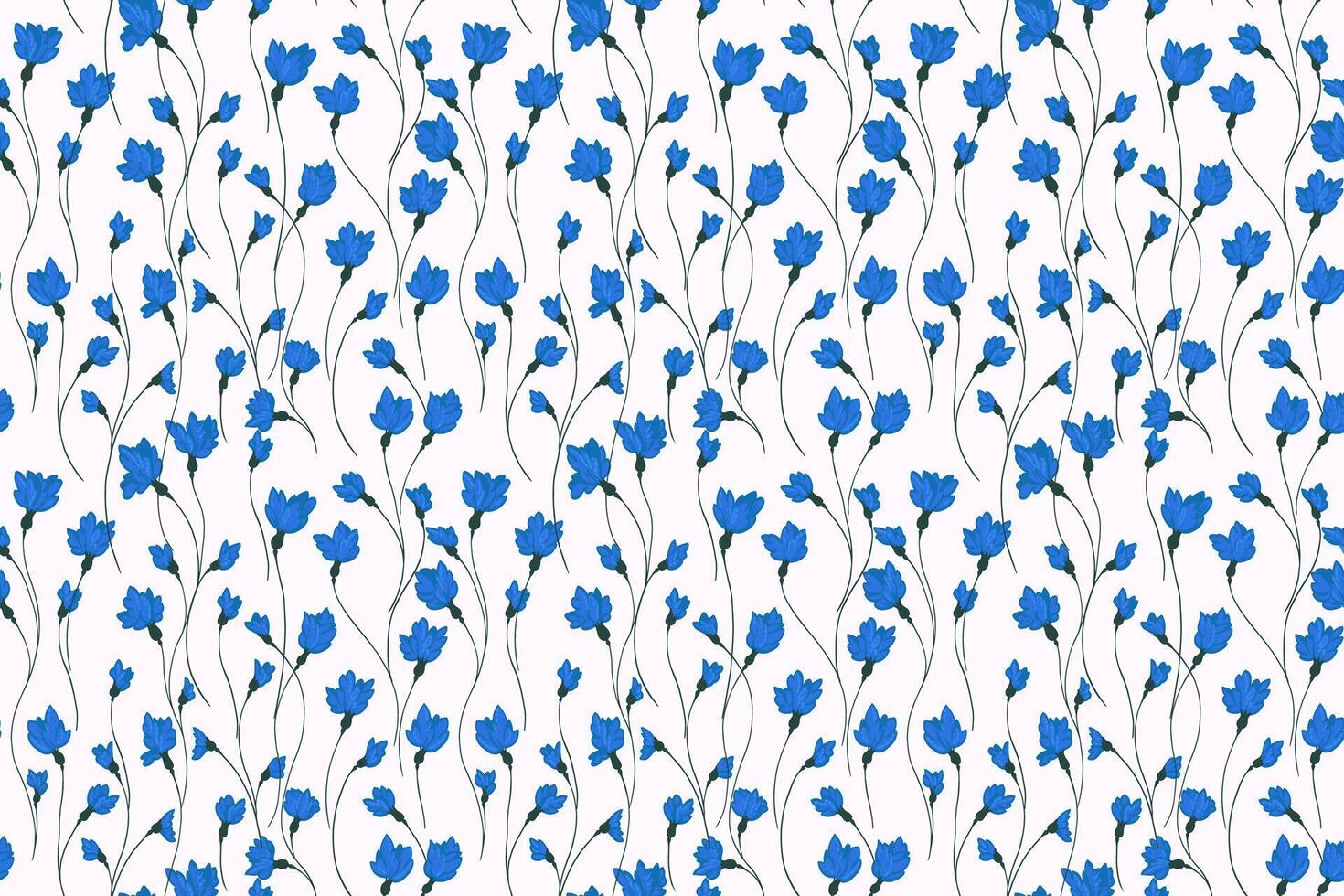 Creative blue florals stems in a intertwined pattern on a white background. Abstract artistic branches with tiny flowers small buds seamless print. hand drawing. Simple ornament for designs vector