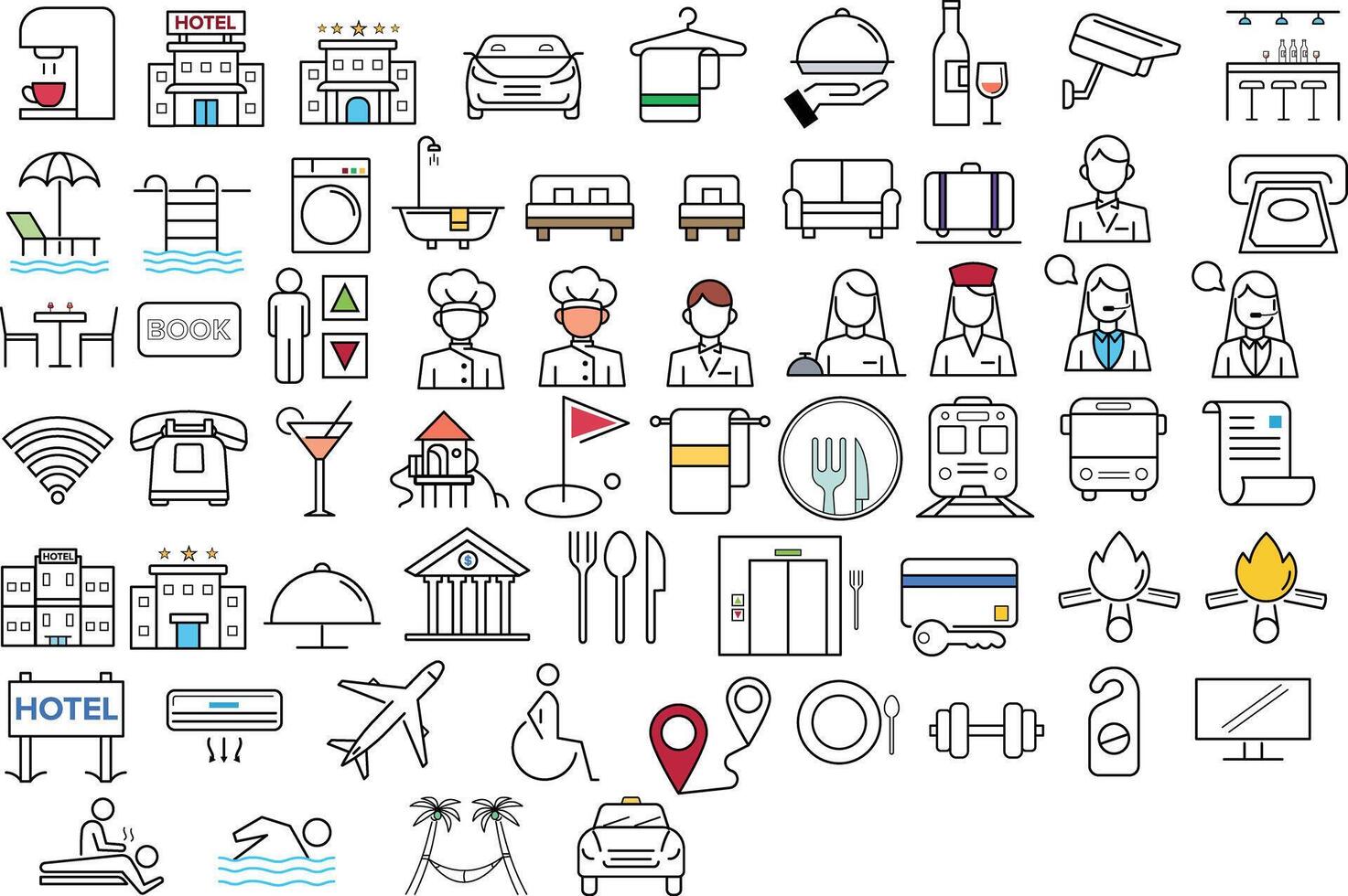 Hotel Restorent Icons, line drawing, Hotel and Resort Icons, Travel and Tourism set of web icons in line style. Travel and vacation icons for web and mobile app. vector