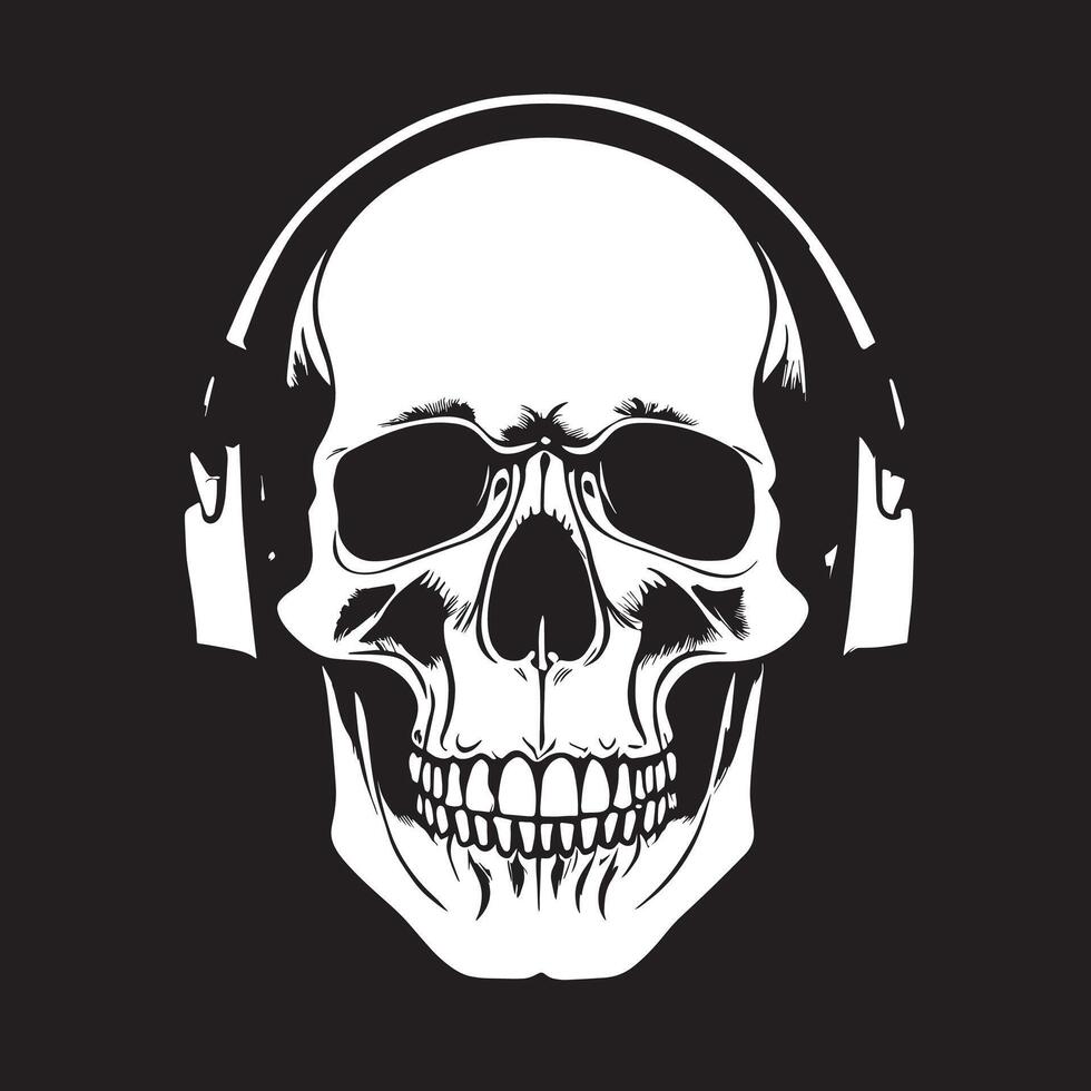 A striking black-and-white illustration of a skull wearing headphones, symbolizing a fusion of music and mortality. Bold, edgy, and perfect for rock or metal themes vector