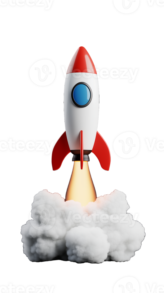 Retro rocket launch with flames and smoke on transparent background png