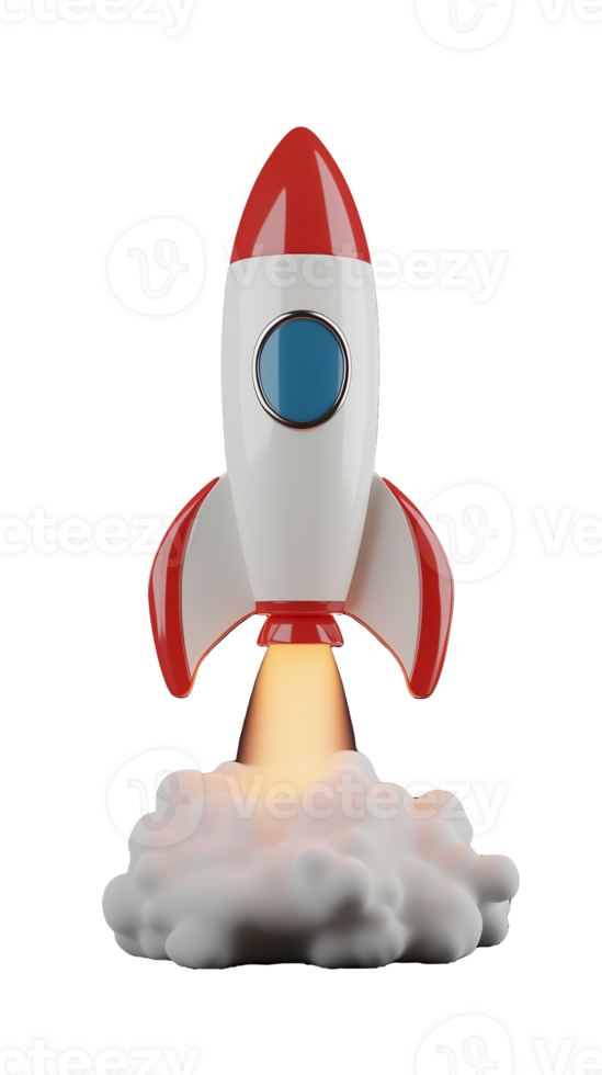 Retro rocket ship launching with flames and smoke on transparent background png