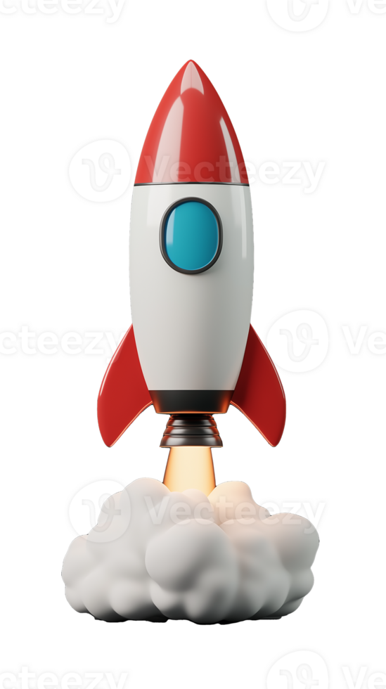 Colorful rocket launching with flames and smoke on transparent background png