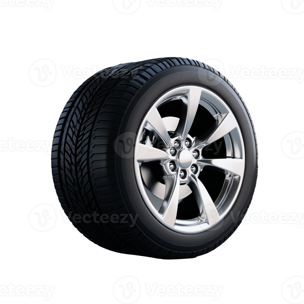 High-performance car tire with alloy wheel design on transparent background png