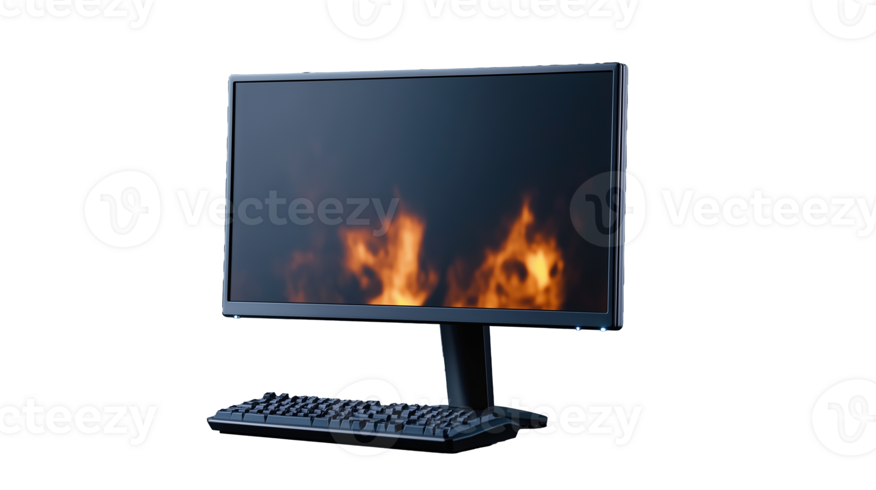 Computer monitor displaying flames with keyboard on transparent background png
