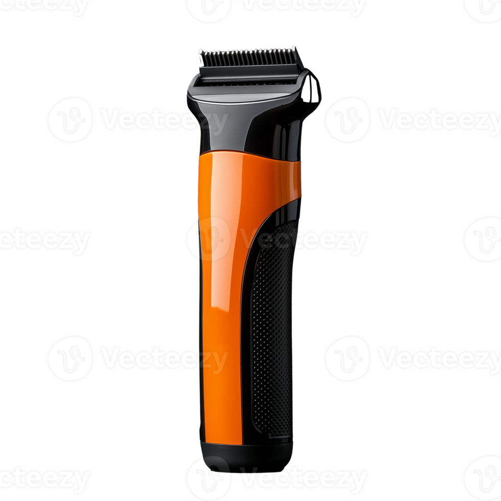 Electric hair clipper with ergonomic design and vibrant orange accents on transparent background png