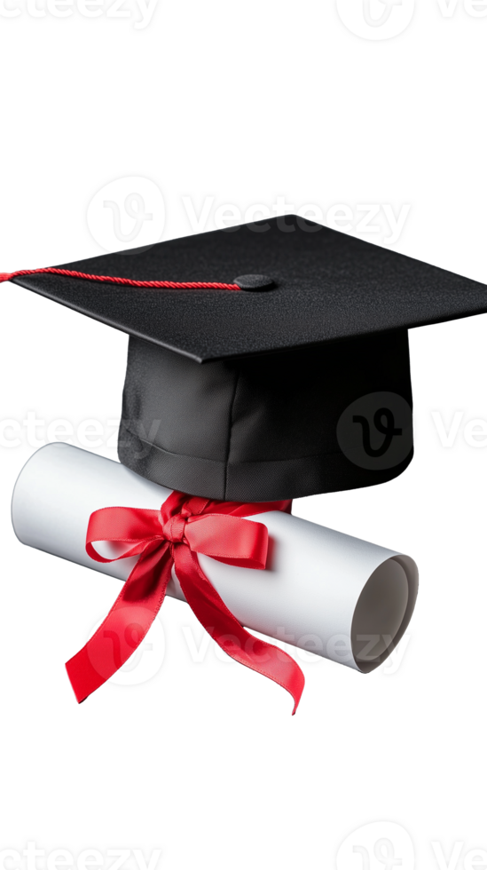Graduation cap and diploma scroll with red ribbon on transparent background png