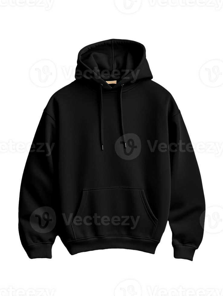 Comfortable black hoodie with drawstring and front pocket on transparent background png