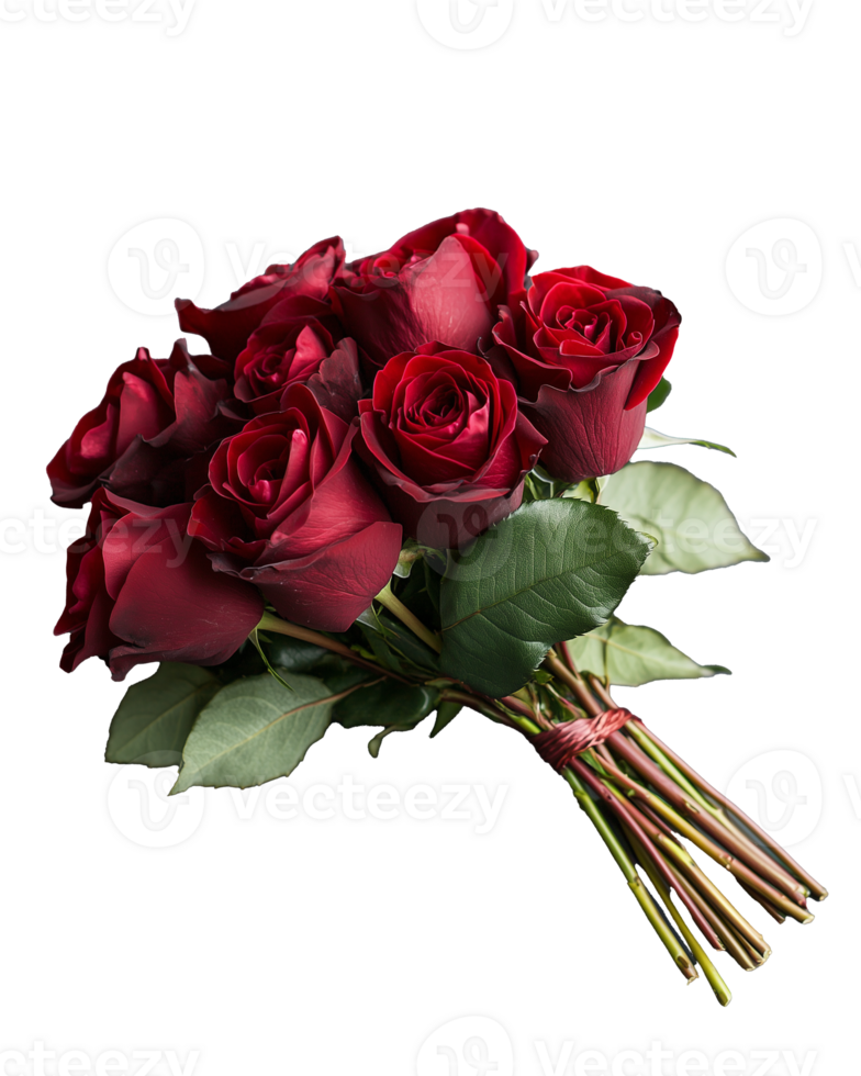 Elegant red roses bouquet with lush green leaves on transparent background png