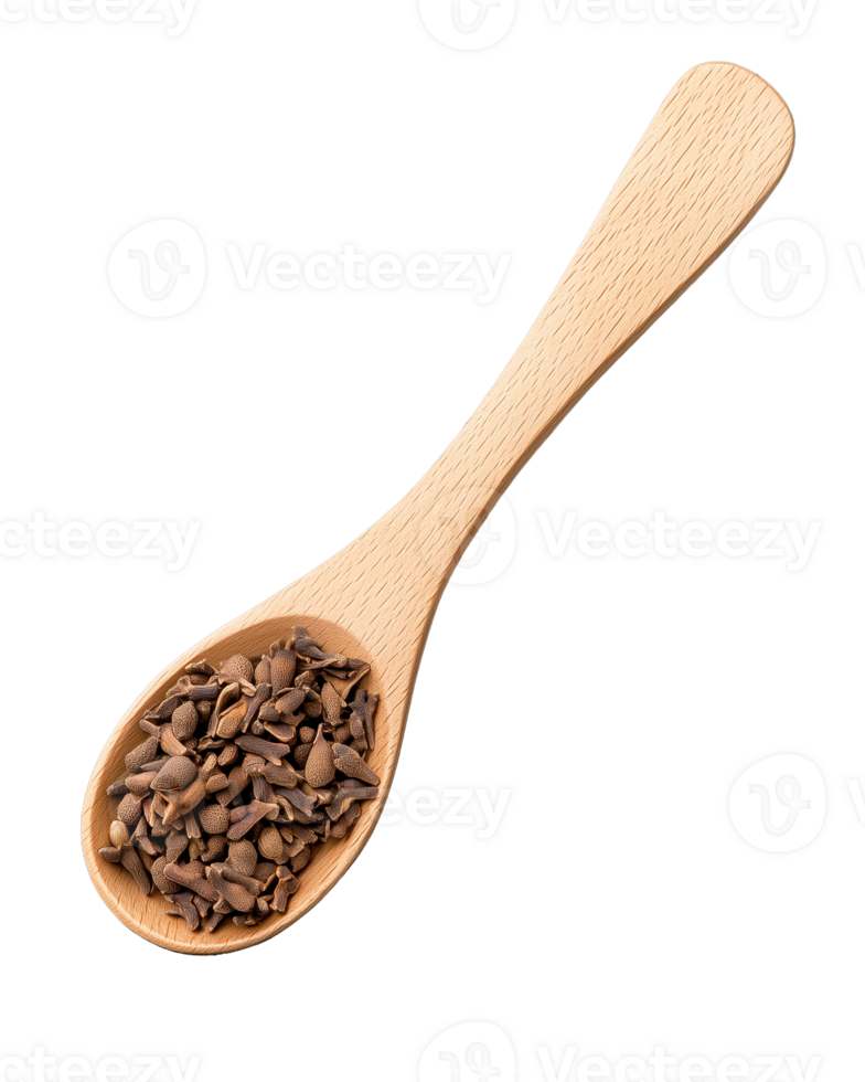 Wooden spoon filled with whole cloves spice on transparent background png