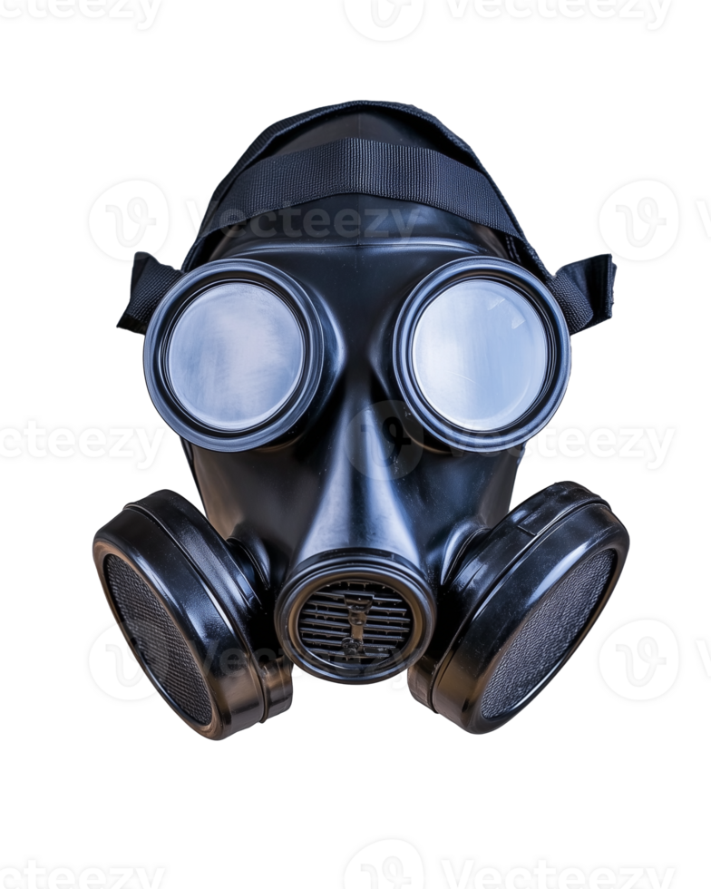 Black gas mask with clear lenses and dual filters on transparent background png