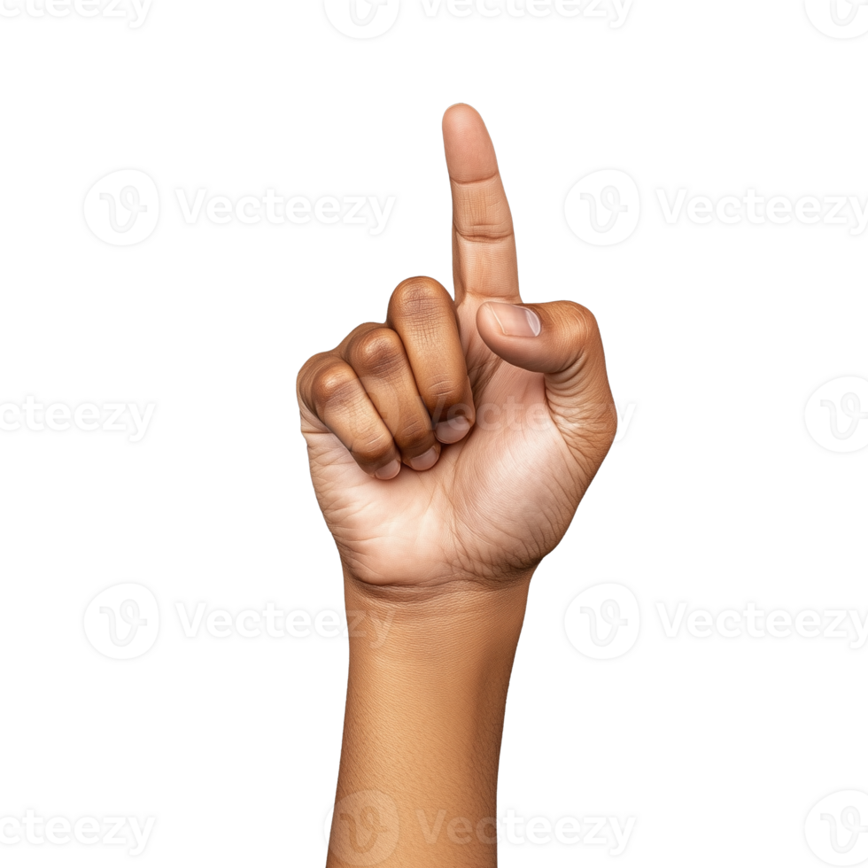 Hand gesture indicating number one with raised index finger on transparent background png