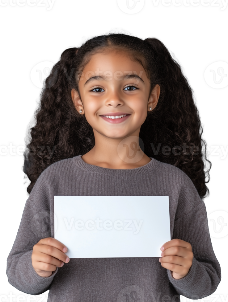 Smiling girl holding blank sign with curly hair on transparent background png