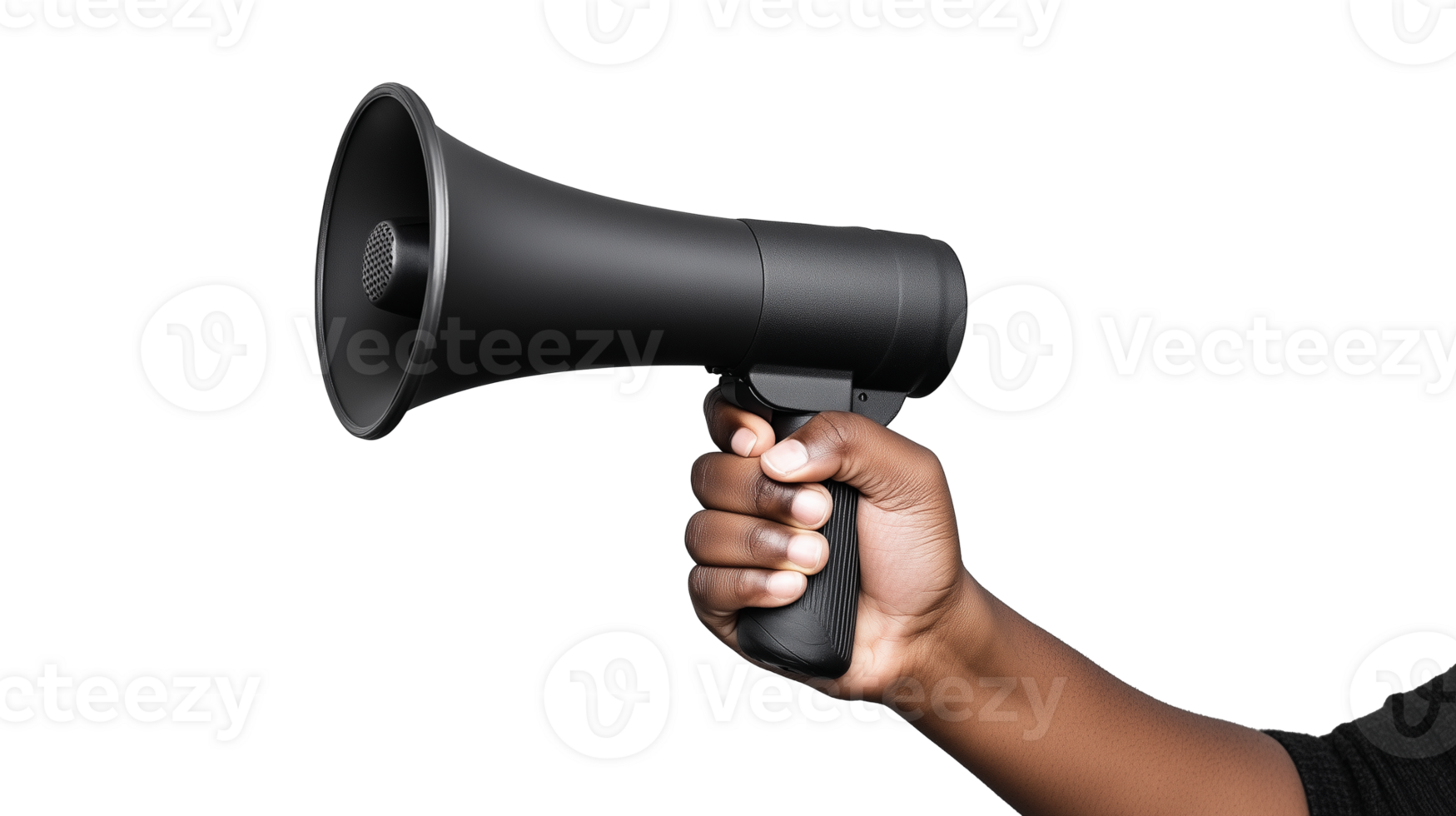Black megaphone held in hand on transparent background png