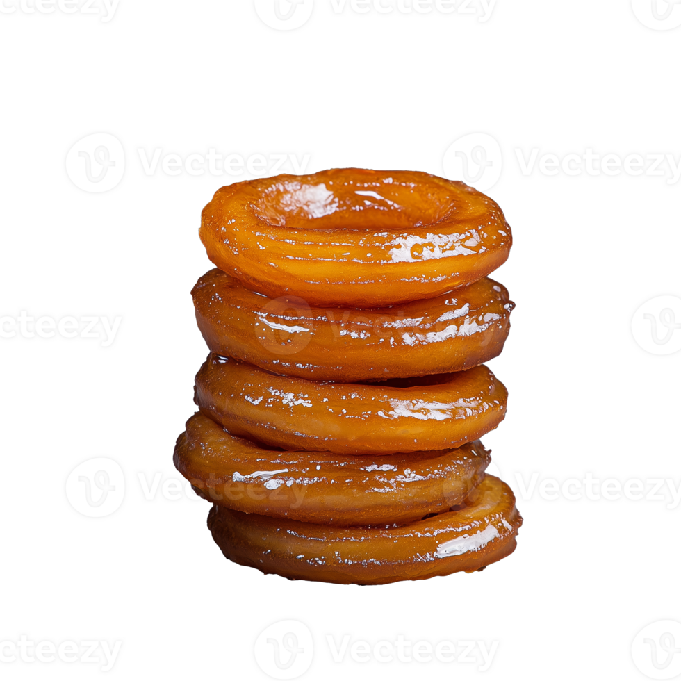 Delicious stacked jalebi sweets with glossy syrup on transparent background png