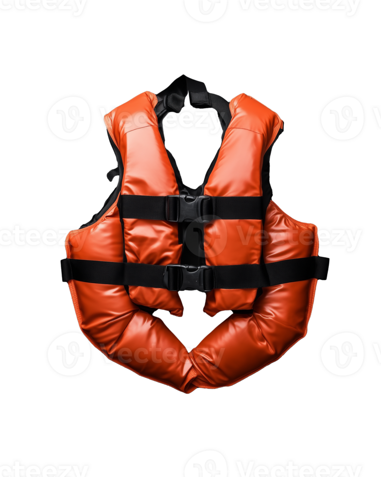 Orange safety life vest with adjustable straps and buckles on transparent background png