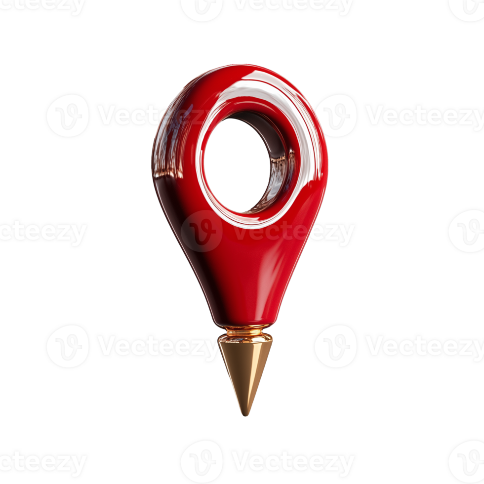 Red glossy location pin with golden tip on transparent background png