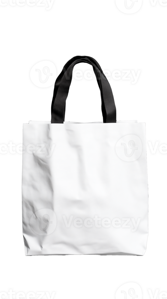 White tote bag with black handles and textured surface on transparent background png