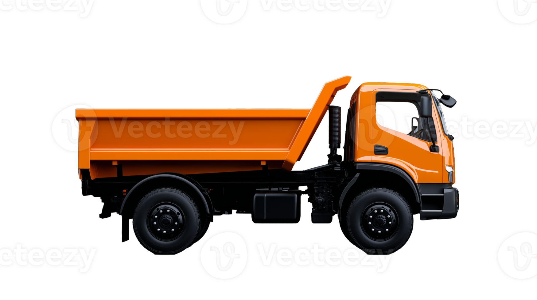 Orange dump truck side view with detailed features on transparent background png