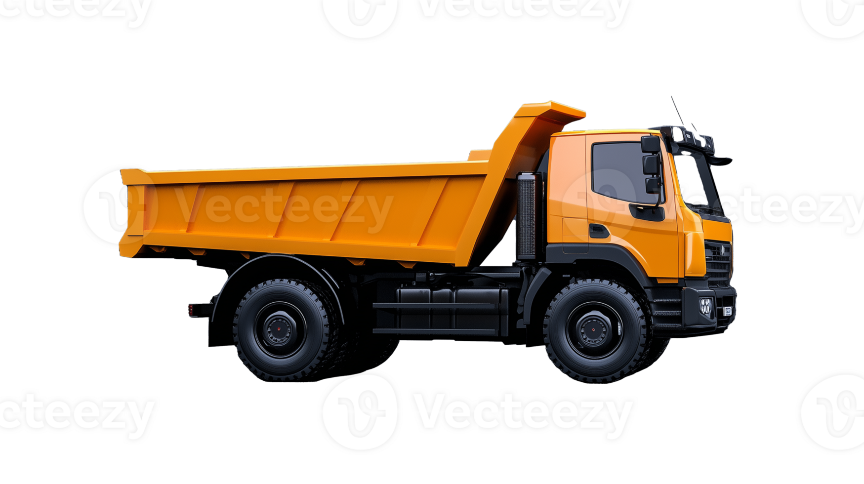 Heavy-duty orange dump truck with raised bed on transparent background png