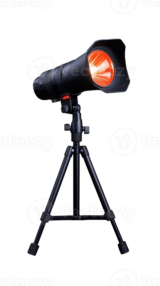 Professional studio spotlight on tripod with orange light on transparent background png