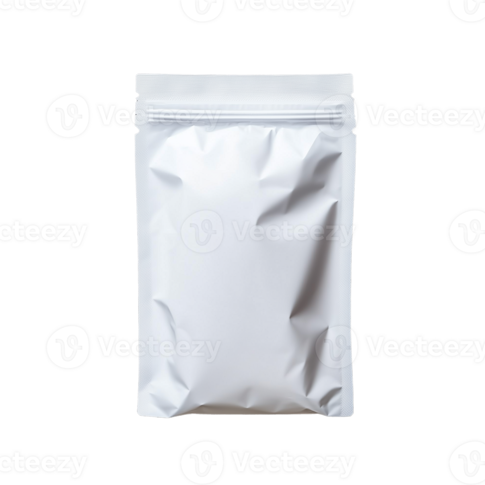 White packaging pouch bag with zip closure and crinkled texture on transparent background png