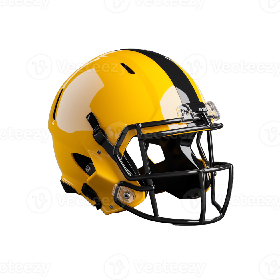 Yellow football helmet with black stripes and visor on transparent background png