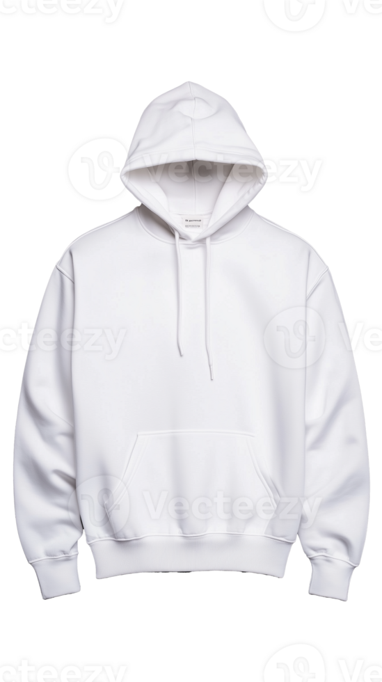White hoodie with drawstrings and front pocket on transparent background png